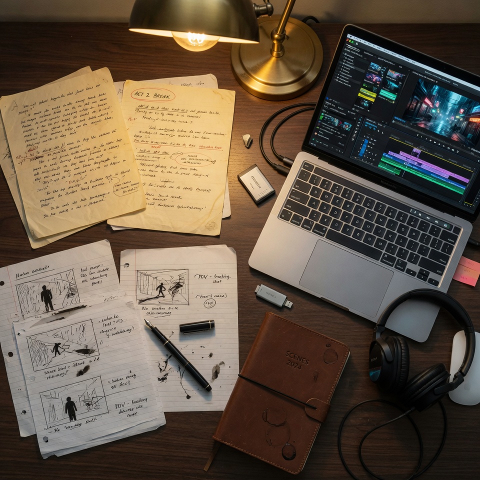 Story-first workflow at AI speed: writing, research, scripting, AI visual development, voice generation, editing, grading, and final assembly