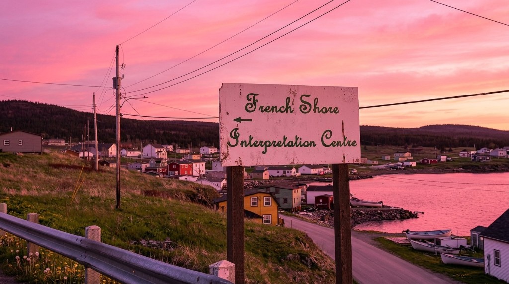 Conche at sunset: coastal village and a weathered roadside sign for the French Shore Interpretation Centre