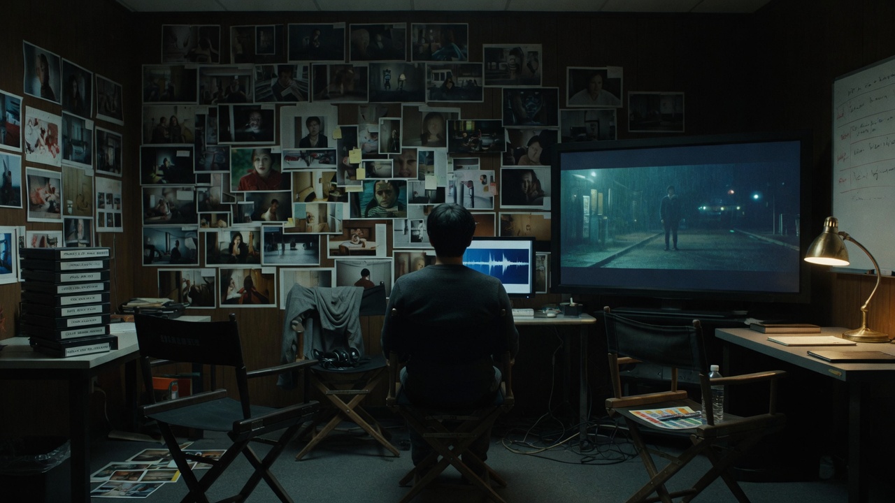 Wide cinematic still of a solo creator at a finishing suite at night, surrounded by empty director, crew, and colorist chairs: cinema-grade output delivered solo, on time.